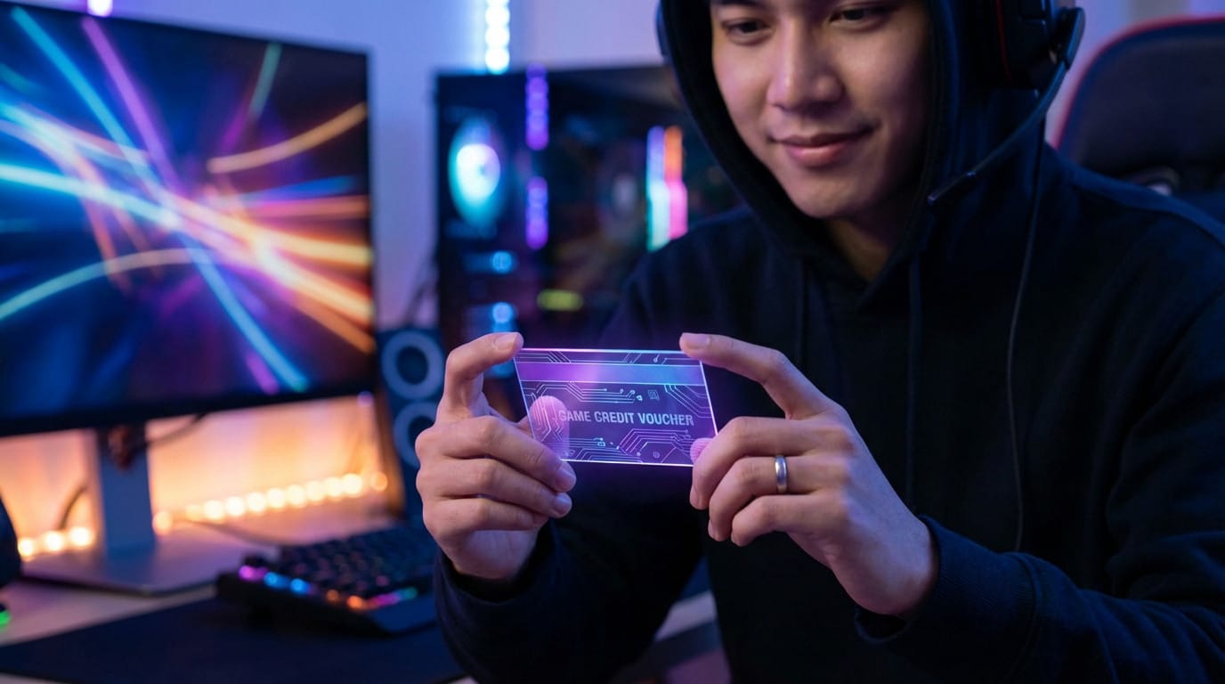 Young gamer with subtle smile holds a glowing, translucent 'Game Credit Voucher' card in a modern, ambiently lit gaming setup.