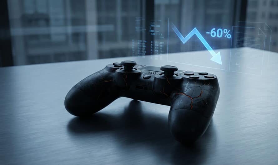 A cracked video game controller on a metallic surface, with a holographic -60% sales drop graph and faint legal documents in the background.