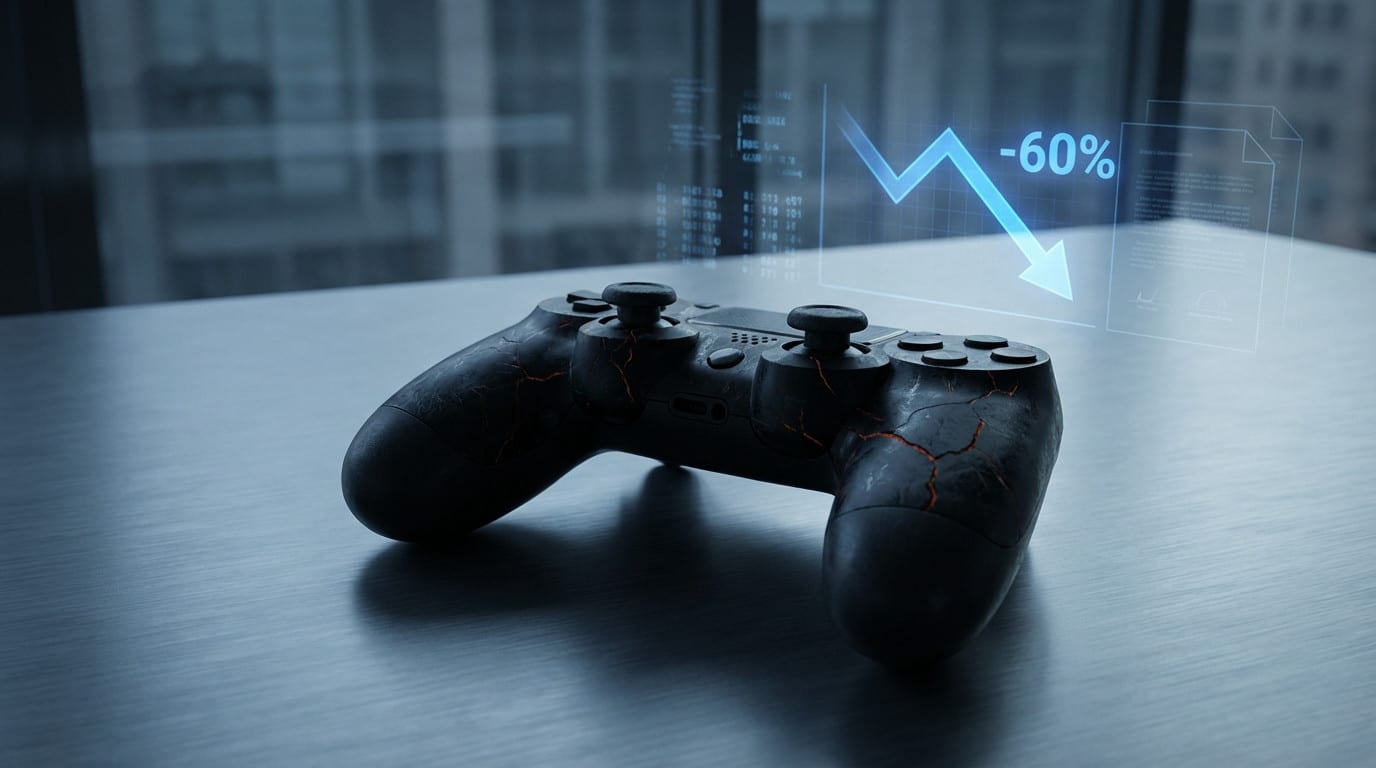 A cracked video game controller on a metallic surface, with a holographic -60% sales drop graph and faint legal documents in the background.