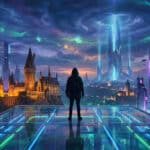 Figure on glowing platform overlooks a vast city blending ancient castle and futuristic skyscrapers under an aurora sky, a gaming vision.
