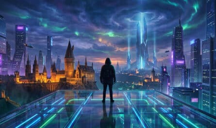 Figure on glowing platform overlooks a vast city blending ancient castle and futuristic skyscrapers under an aurora sky, a gaming vision.
