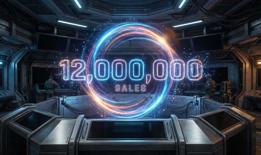 Vibrant holographic '12,000,000 SALES' display with energetic light trails in a sleek, futuristic control room. Two figures present.