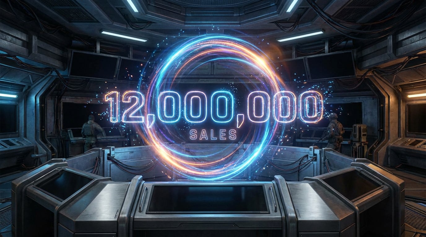 Vibrant holographic '12,000,000 SALES' display with energetic light trails in a sleek, futuristic control room. Two figures present.