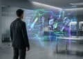Anonymous person observes a vibrant holographic display in a modern office, showing abstract RPG weapon concepts and data streams.