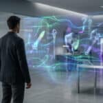 Anonymous person observes a vibrant holographic display in a modern office, showing abstract RPG weapon concepts and data streams.