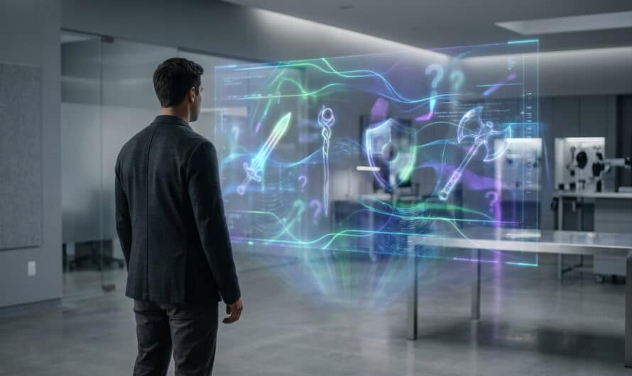 Anonymous person observes a vibrant holographic display in a modern office, showing abstract RPG weapon concepts and data streams.
