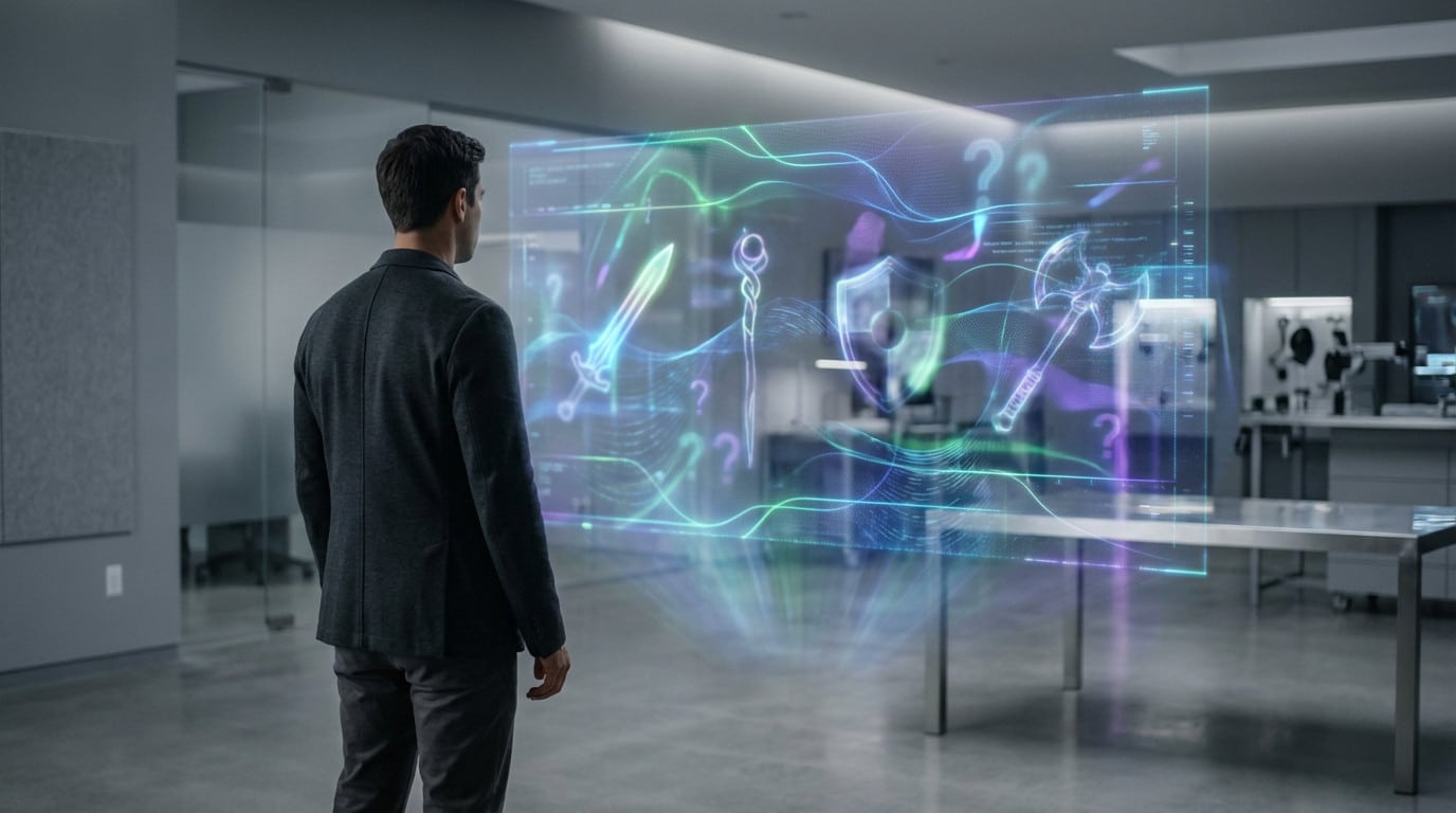 Anonymous person observes a vibrant holographic display in a modern office, showing abstract RPG weapon concepts and data streams.