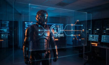 Armored figure in a futuristic command center views a holographic 'PAUSED' display with data connections, bathed in blue light.