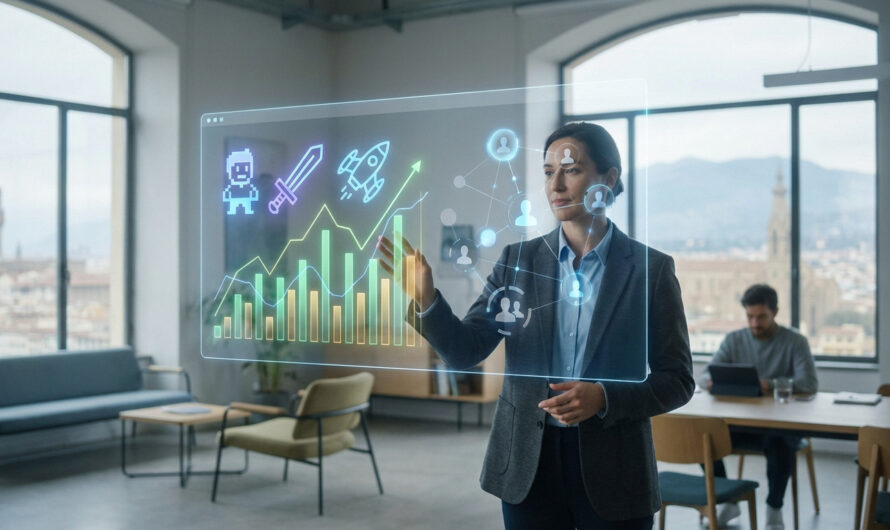 Professional woman uses a transparent holographic screen displaying gaming, finance, and collaboration data in a bright office with city view.