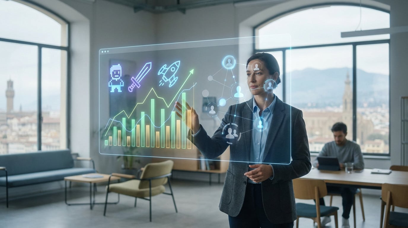 Professional woman uses a transparent holographic screen displaying gaming, finance, and collaboration data in a bright office with city view.