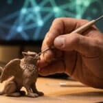Close-up: Hand sculpting a clay griffin figurine with a fine tool. Warm light, abstract blue/green digital patterns in soft-focus background.