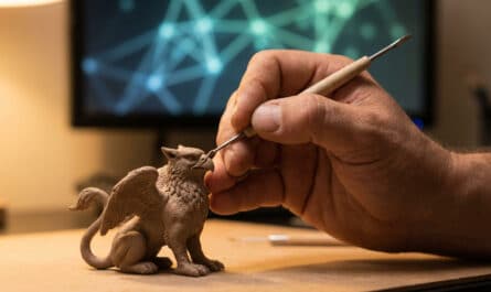 Close-up: Hand sculpting a clay griffin figurine with a fine tool. Warm light, abstract blue/green digital patterns in soft-focus background.
