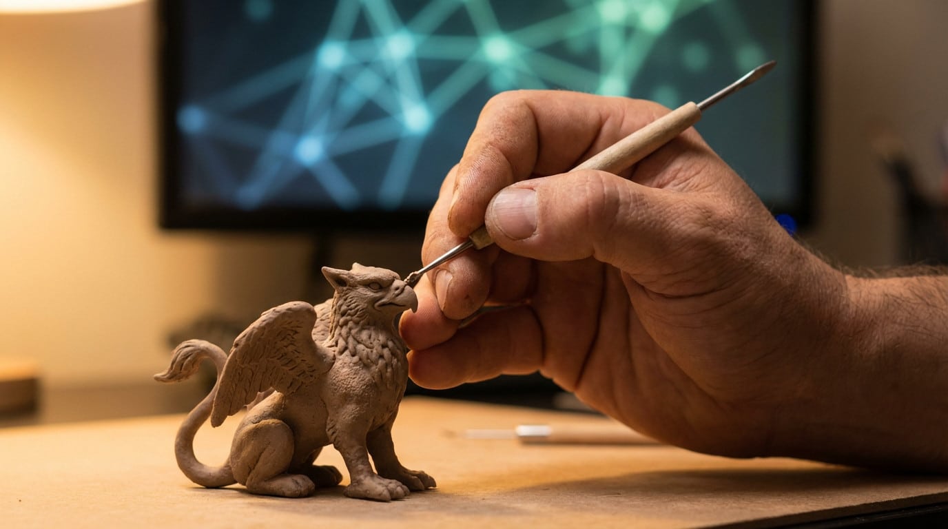 Close-up: Hand sculpting a clay griffin figurine with a fine tool. Warm light, abstract blue/green digital patterns in soft-focus background.