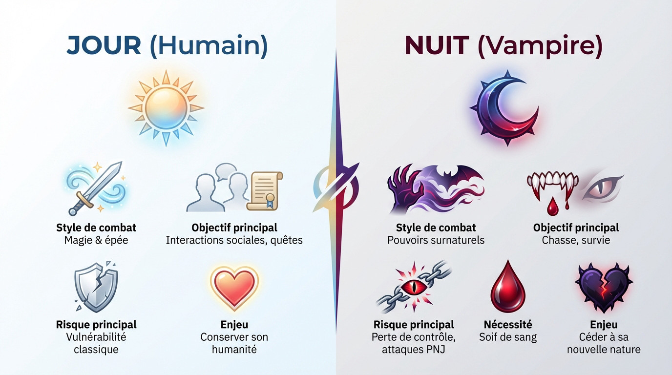 Infographie illustrant la dualité entre la forme humaine et vampirique de Coen dans The Blood of Dawnwalker