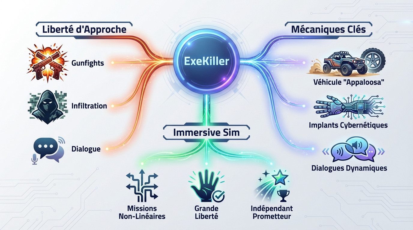 Infographie détaillant les mécaniques de liberté et d'immersion dans le gameplay d'ExeKiller