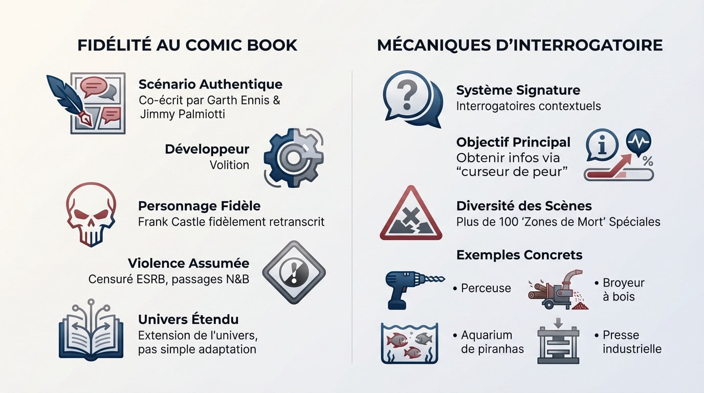 Infographie détaillant la fidélité au comic book et les mécaniques d'interrogatoire du jeu The Punisher 2005