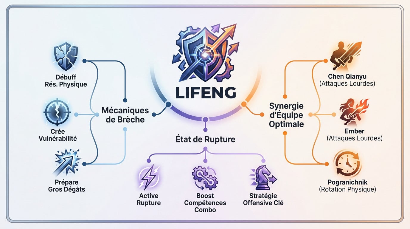 Infographie des mécaniques de combat et synergies de Lifeng dans Arknights Endfield