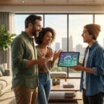 Three smiling people in a bright, modern living room, viewing a tablet with a life simulation game interface. Natural light, city view.