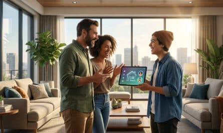 Three smiling people in a bright, modern living room, viewing a tablet with a life simulation game interface. Natural light, city view.