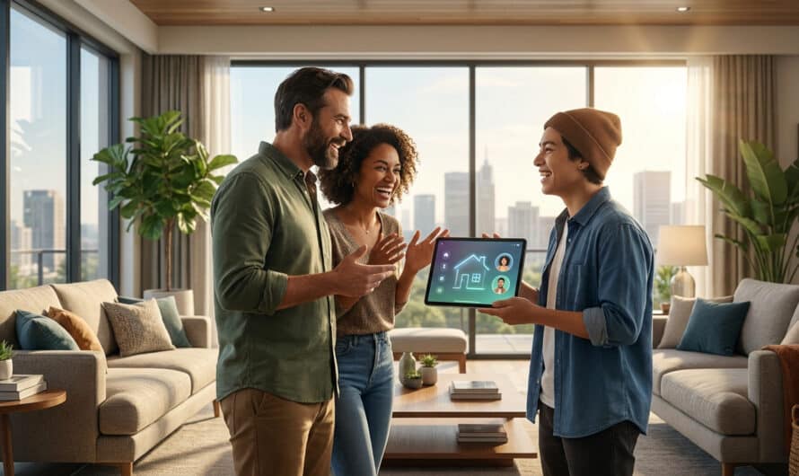 Three smiling people in a bright, modern living room, viewing a tablet with a life simulation game interface. Natural light, city view.
