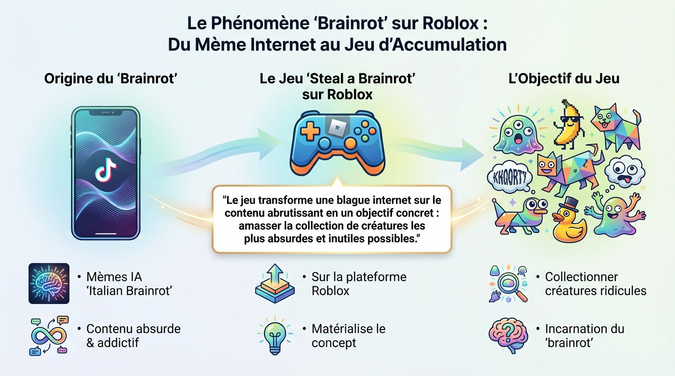 Illustration des créatures absurdes du jeu Steal a Brainrot sur Roblox inspirées des mèmes TikTok