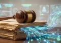 Wooden gavel on aged legal documents with glowing blue and green data streams spilling out. Blurred holographic gaming UI in background.