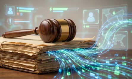 Wooden gavel on aged legal documents with glowing blue and green data streams spilling out. Blurred holographic gaming UI in background.