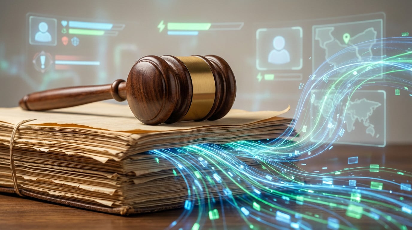 Wooden gavel on aged legal documents with glowing blue and green data streams spilling out. Blurred holographic gaming UI in background.