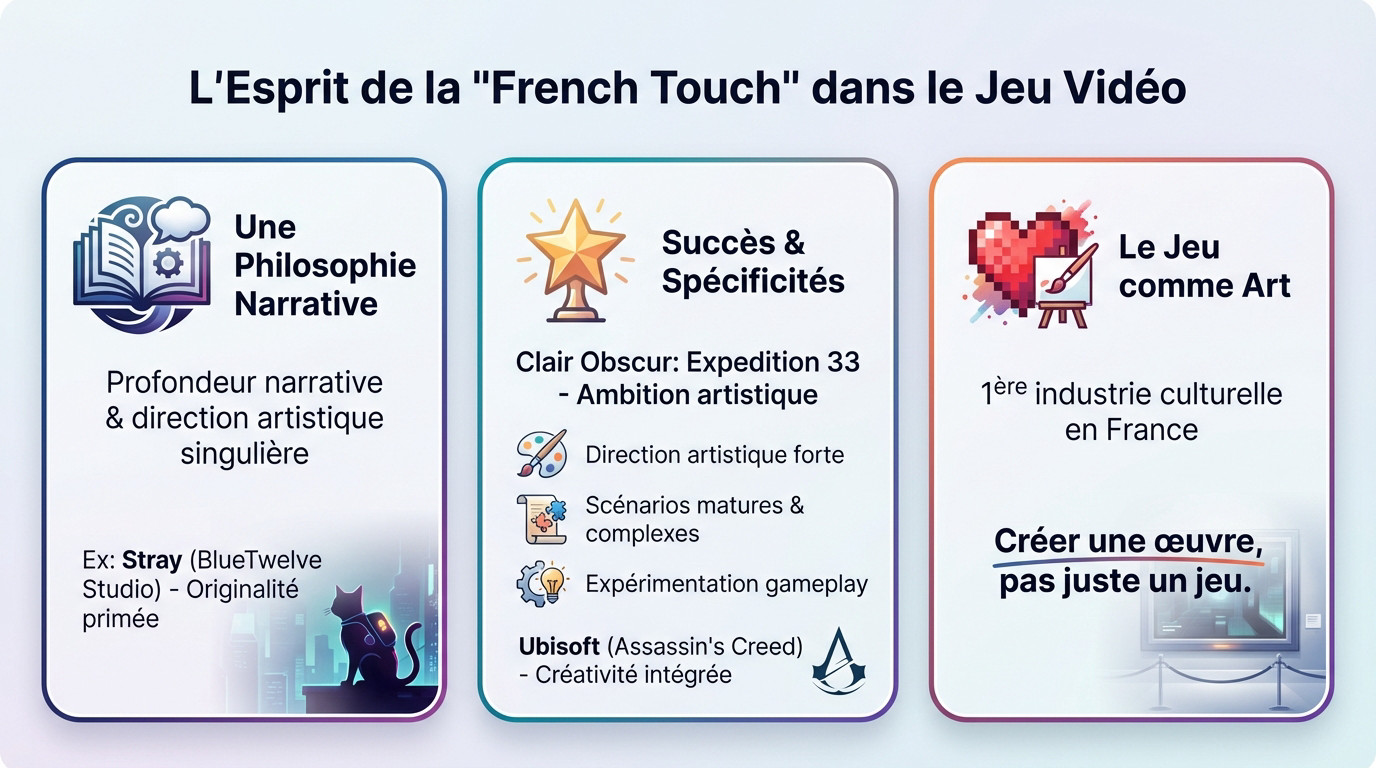 Illustration artistique représentant l'esprit créatif et narratif de la French Touch dans l'industrie du jeu vidéo