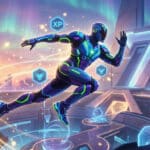 Vibrant futuristic gamer in blue/green/purple armor runs in a glowing digital arena with XP icons, '7' structure, and aurora.