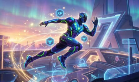 Vibrant futuristic gamer in blue/green/purple armor runs in a glowing digital arena with XP icons, '7' structure, and aurora.