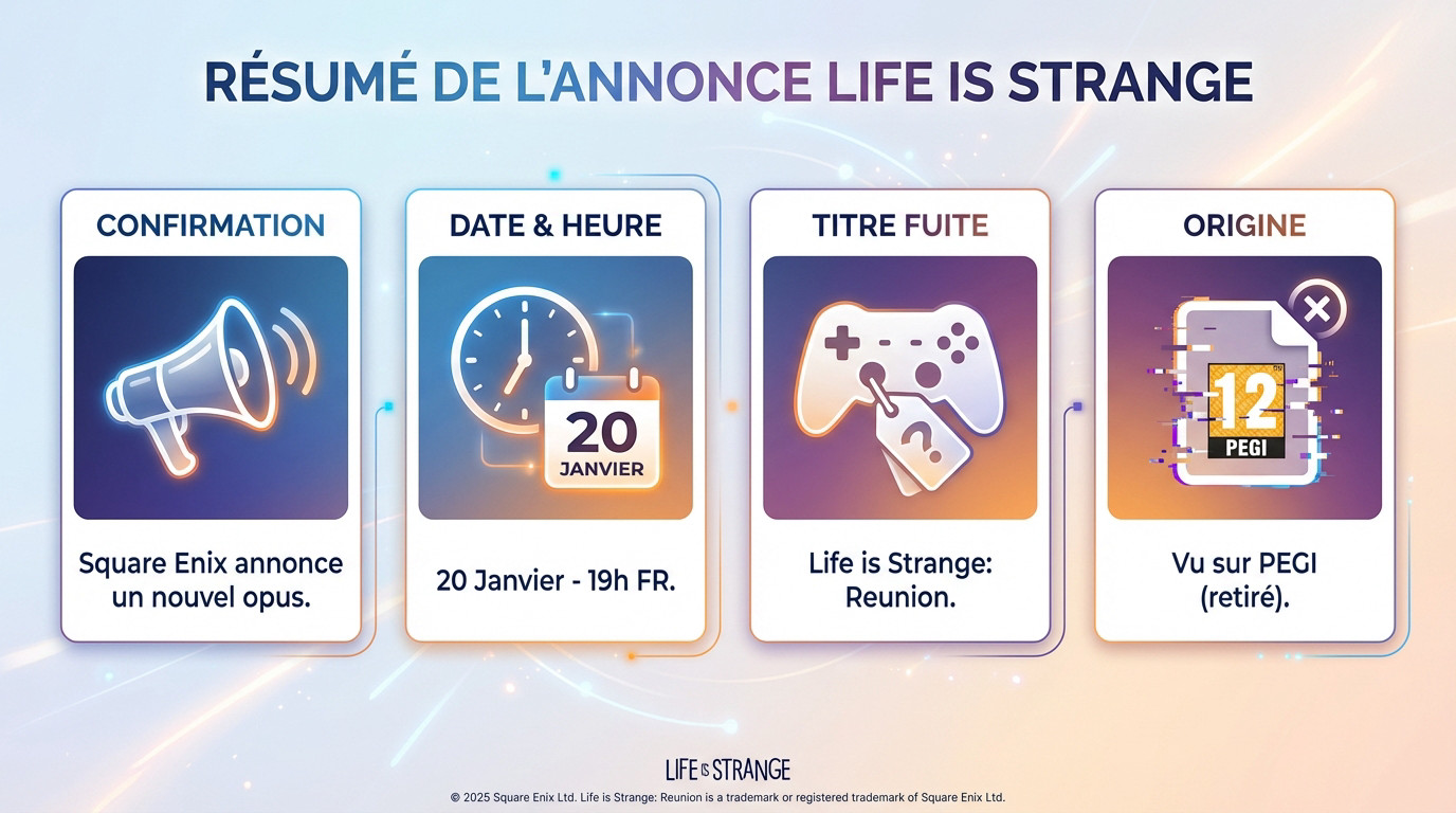 Récapitulatif visuel de l'annonce Life is Strange 5 et de la fuite du titre Reunion