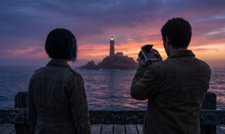 Silhouetted figures on a pier watch a distant lighthouse at sunset, with purple, blue, and orange sky reflections on the water.