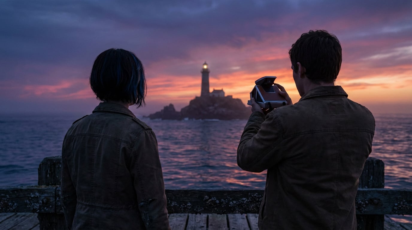 Silhouetted figures on a pier watch a distant lighthouse at sunset, with purple, blue, and orange sky reflections on the water.