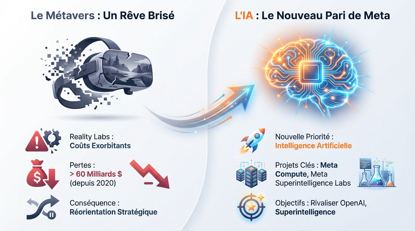 Mark Zuckerberg pivot stratégique Meta vers IA et réduction effectifs