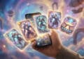 A hand holds a smartphone where glowing game cards with fantastical creatures and a stadium emerge into a dreamlike, magical landscape.
