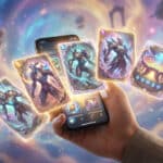 A hand holds a smartphone where glowing game cards with fantastical creatures and a stadium emerge into a dreamlike, magical landscape.