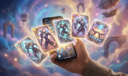 A hand holds a smartphone where glowing game cards with fantastical creatures and a stadium emerge into a dreamlike, magical landscape.