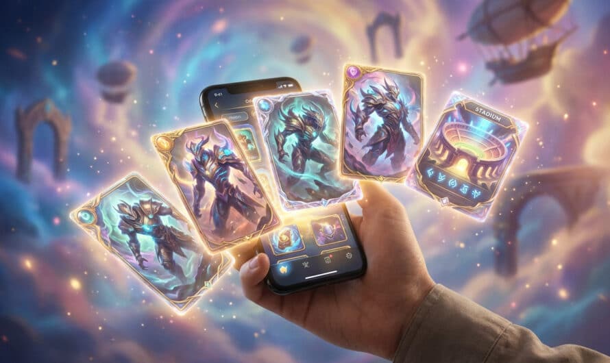 A hand holds a smartphone where glowing game cards with fantastical creatures and a stadium emerge into a dreamlike, magical landscape.