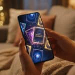 Hands hold a smartphone displaying a glowing 'Rare: Celestial Guardian' card in a mobile game. Cozy, soft-lit background.