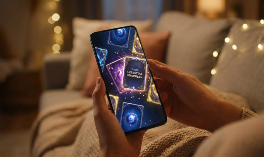 Hands hold a smartphone displaying a glowing 'Rare: Celestial Guardian' card in a mobile game. Cozy, soft-lit background.