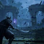 A warrior in dark, horned armor with a polearm stands in ancient, moss-covered ruins with mystical purple light and falling feathers.