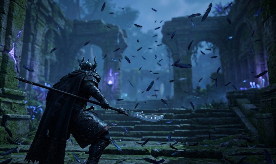 A warrior in dark, horned armor with a polearm stands in ancient, moss-covered ruins with mystical purple light and falling feathers.