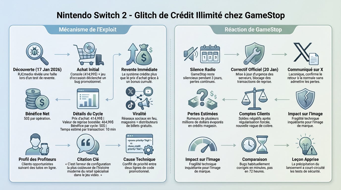 Console Nintendo Switch 2 et logo GameStop illustrant la faille de crédit