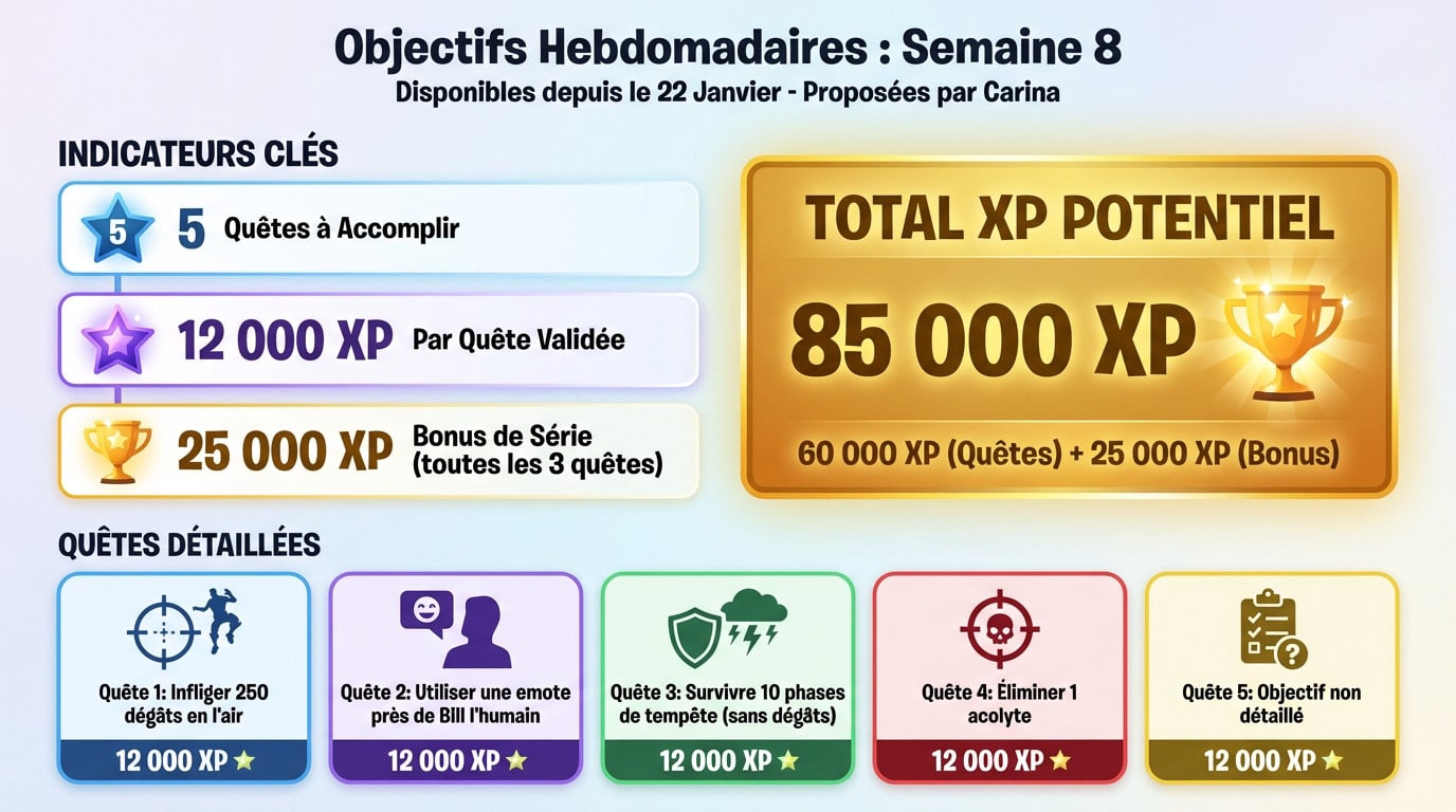 Aperçu des quêtes hebdomadaires semaine 8 chapitre 7 saison 1 fortnite avec Carina et les récompenses XP