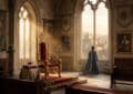 Photorealistic image of a grand throne room. A robed figure gazes from an arched window at a vast kingdom. Golden throne, crown, scepter.