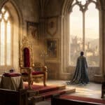 Photorealistic image of a grand throne room. A robed figure gazes from an arched window at a vast kingdom. Golden throne, crown, scepter.