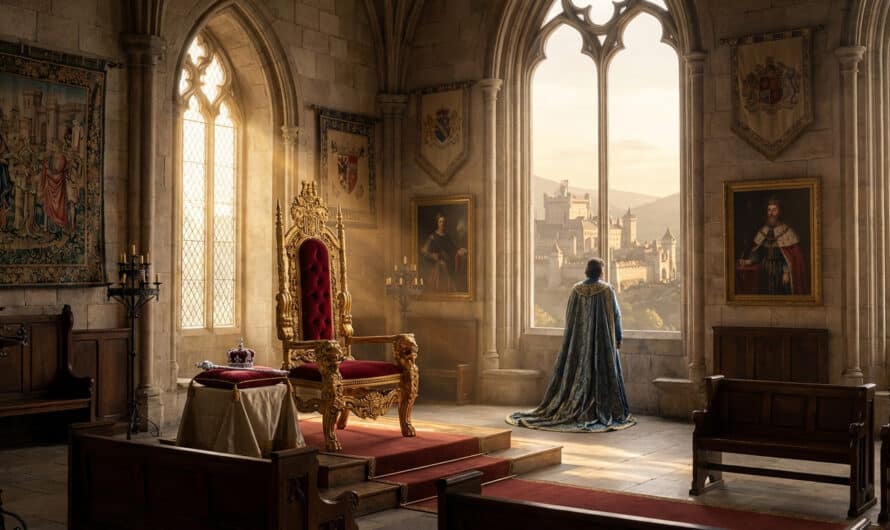 Photorealistic image of a grand throne room. A robed figure gazes from an arched window at a vast kingdom. Golden throne, crown, scepter.