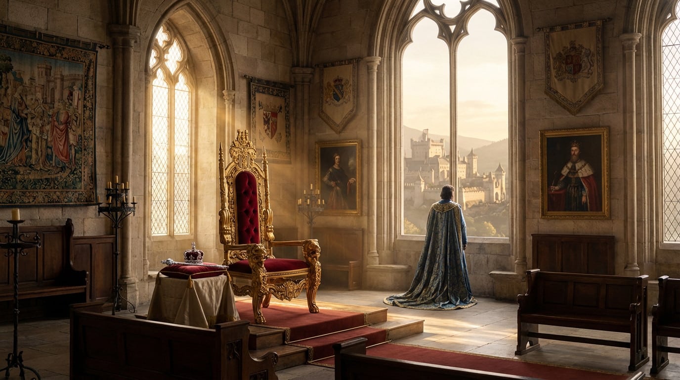 Photorealistic image of a grand throne room. A robed figure gazes from an arched window at a vast kingdom. Golden throne, crown, scepter.