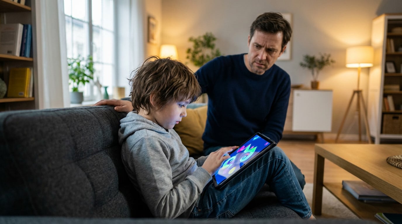 A young child, absorbed in a tablet's glow, is watched by a concerned parent in a modern, warm living room setting.